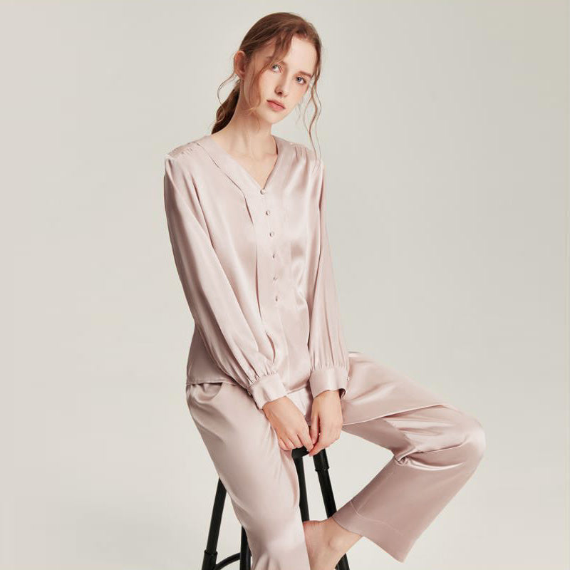 ZASILK | Silk V-Neck Elegant Nightwear, 19 Momme Two-Piece Luxury Pajama Set