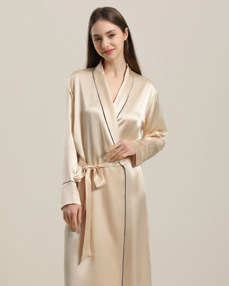 ZASILK | 22 Momme Contrast Trim Full Length Silk Robe, Luxurious Comfort with Timeless Elegance