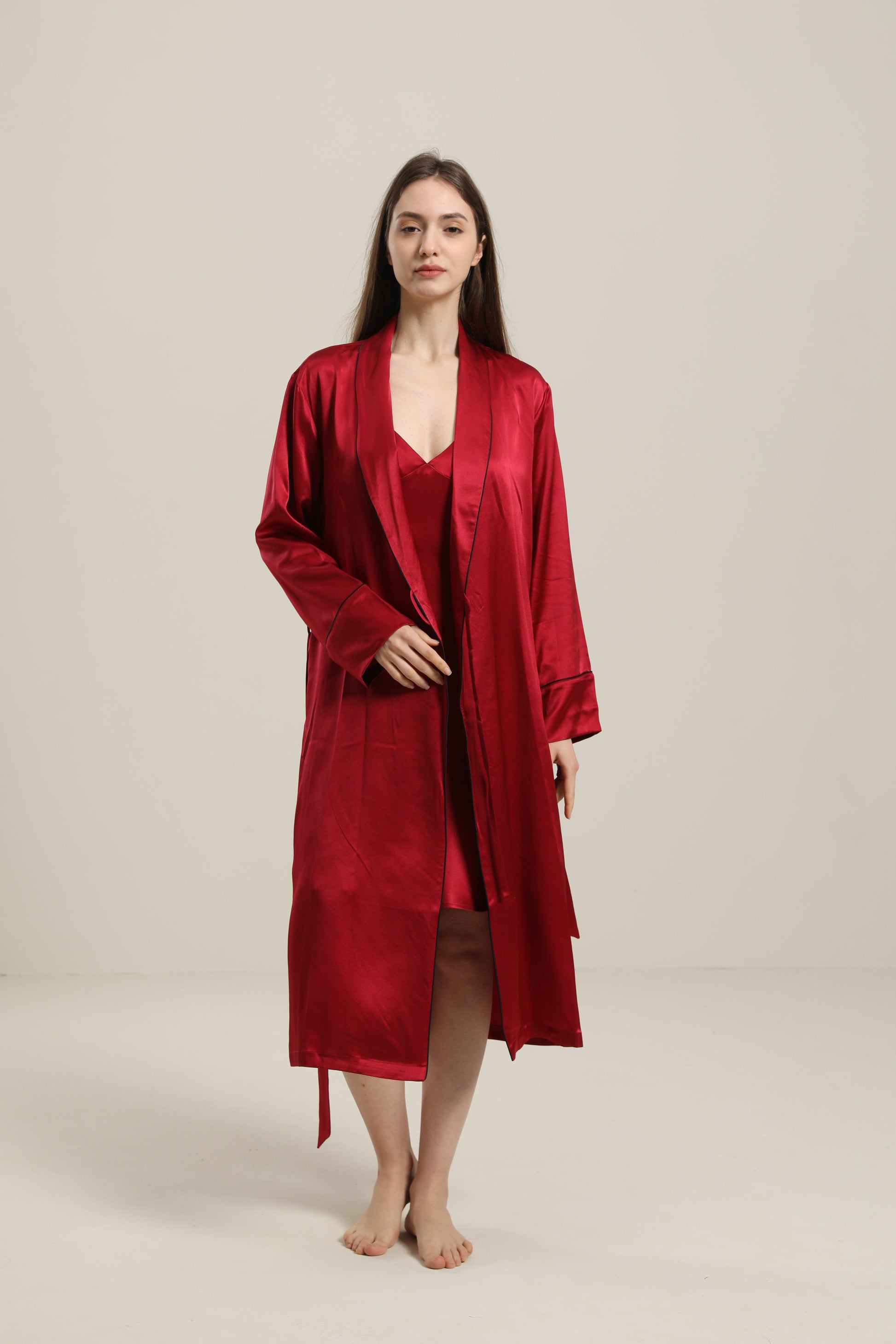 ZASILK | 22 Momme Contrast Trim Full Length Silk Robe, Luxurious Comfort with Timeless Elegance