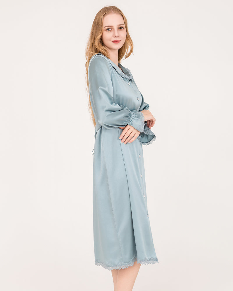 ZASILK | 22 Momme Long-Sleeve Silk Dress with Lace Ruffled Cuffs, Luxurious Comfort for Every Night