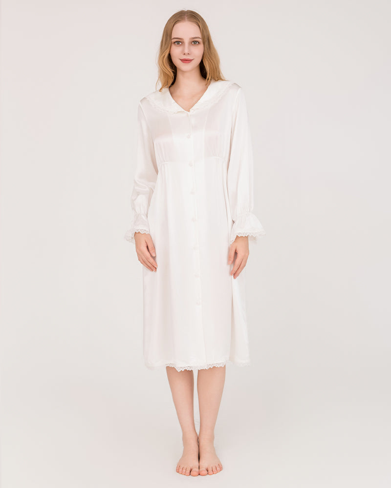 ZASILK | 22 Momme Long-Sleeve Silk Dress with Lace Ruffled Cuffs, Luxurious Comfort for Every Night