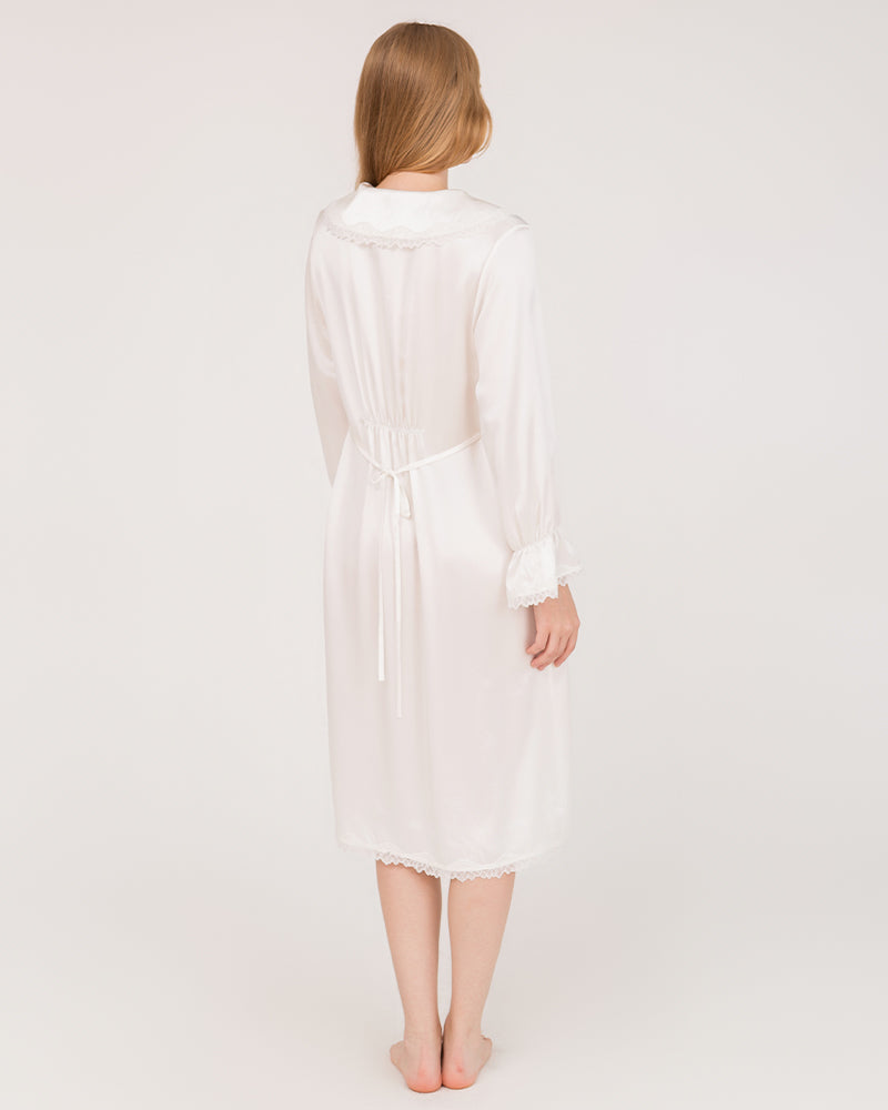 ZASILK | 22 Momme Long-Sleeve Silk Dress with Lace Ruffled Cuffs, Luxurious Comfort for Every Night